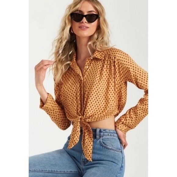 BILLABONG Sunset Sessions Crop Top Sz M Gold Red Polka Dot Button Up Tie Front - Picture 1 of 12